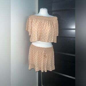 NWT KIWI & PUNCH PEACH & WHITE LIGHTWEIGHT 2 PIECE CROP & SHORTS OUTFIT SZ M